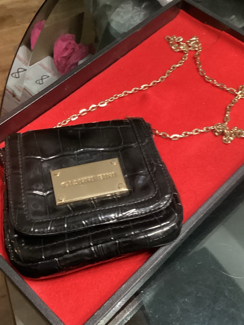Gianni Bini Small Black Leather Croc Embossed Crossbody with Gold Chain